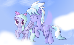 Size: 1800x1112 | Tagged: safe, artist:bluemeganium, cloudchaser, flitter, cloud, cute, cutechaser, flitterbetes, fluffy, flying, pair, sky, smiling