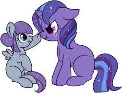 Size: 472x361 | Tagged: safe, artist:lulubell, derpibooru import, oc, oc only, oc:moonlight eve, oc:serene skies, pegasus, pony, unicorn, :t, angry, blank flank, boop, cute, eye contact, filly, floppy ears, glare, looking at each other, magical lesbian spawn, next generation, nose wrinkle, offspring, open mouth, parent:princess luna, parent:twilight sparkle, parents:twiluna, scrunchy face, simple background, sisters, sitting, smiling, spread wings, transparent background