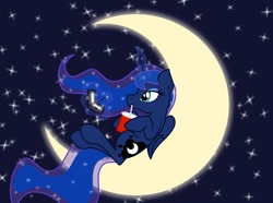 Size: 944x704 | Tagged: safe, artist:nekosnicker, derpibooru import, princess luna, alicorn, pony, crescent moon, drink, drinking, moon, nds, playing, solo, tangible heavenly object, transparent moon, video game