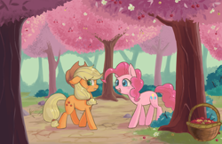 Size: 3000x1945 | Tagged: safe, artist:ikirunosindo, applejack, pinkie pie, earth pony, pony, the last roundup, cherry, cherry blossoms, cherry orchard, cherry tree, cute, duo, female, food, gypsy bard, mare, orchard, tree