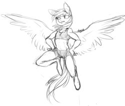 Size: 900x762 | Tagged: safe, artist:dogrot, derpibooru import, rainbow dash, anthro, clothes, compression shorts, flying, midriff, monochrome, sketch, solo, sports bra