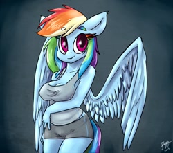 Size: 1280x1129 | Tagged: safe, artist:lizzyoli-ravioli, derpibooru import, rainbow dash, anthro, pegasus, breasts, cleavage, clothes, female, looking at you, mare, rainboob dash, shorts, smiling, smiling at you, solo, sports shorts, tanktop