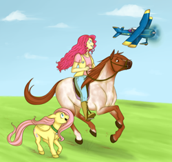 Size: 2336x2199 | Tagged: safe, artist:cartoonlion, fluttershy, pinkie pie, rainbow dash, oc, oc:futashy, horse, commission, futa, futashy, futaverse, high res, humanized, humans riding horses, intersex, plane