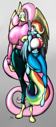 Size: 2199x4961 | Tagged: safe, artist:saliantsunbreeze, derpibooru import, fluttershy, rainbow dash, anthro, unguligrade anthro, big breasts, blushing, breasts, clothes, colored, female, flutterdash, hootershy, huge breasts, impossibly large breasts, lesbian, rainboob dash, shipping, sweater, sweatershy