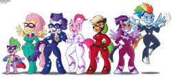 Size: 8000x3648 | Tagged: safe, artist:scobionicle99, derpibooru import, applejack, fili-second, fluttershy, humdrum, masked matter-horn, mistress marevelous, pinkie pie, radiance, rainbow dash, rarity, saddle rager, spike, twilight sparkle, twilight sparkle (alicorn), zapp, anthro, earth pony, pony, power ponies (episode), mane seven, mane six, power ponies