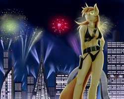 Size: 998x800 | Tagged: safe, artist:bludraconoid, oc, oc only, oc:high impact, anthro, abs, belt, bikini, black swimsuit, building, casino, city, cityscape, clothes, female, fireworks, gun, hand on hip, handgun, holster, looking at you, mare, night, pistol, solo, swimsuit