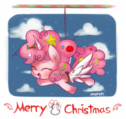 Size: 1269x1196 | Tagged: safe, artist:maren, derpibooru import, pinkie pie, alicorn, alicorn party, alicornified, christmas, cute, diapinkes, flying, pinkiecorn, race swap, solo, wings, xk-class end-of-the-world scenario