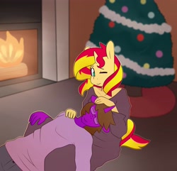 Size: 3977x3840 | Tagged: safe, artist:somescrub, sunset shimmer, oc, oc:sage archer, anthro, unicorn, canon x oc, christmas, christmas lights, christmas tree, commission, couple, fire, fireplace, shipping, tinsel, tree