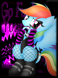 Size: 3000x4000 | Tagged: safe, artist:iflysna94, derpibooru import, rainbow dash, anthro, arm warmers, boots, clothes, earring, eyeshadow, fishnet stockings, lipstick, makeup, piercing, shoes, solo, vulgar