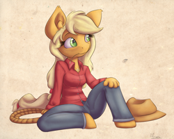 Size: 2000x1600 | Tagged: safe, artist:alasou, derpibooru import, applejack, anthro, earth pony, pony, unguligrade anthro, clothes, mouth hold, pants, sitting, solo, straw