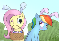 Size: 1754x1240 | Tagged: safe, artist:wonkysole, fluttershy, rainbow dash, pegasus, pony, blushing, bunny ears, easter, easter egg, embarrassed