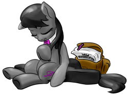 Size: 1279x955 | Tagged: safe, artist:nadnerbd, derpibooru import, octavia melody, earth pony, pony, bag, bowtie, eyes closed, female, mare, music notes, simple background, sitting, solo, transparent background