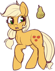 Size: 255x327 | Tagged: safe, artist:lulubell, derpibooru import, applejack, earth pony, pony, disgusted, do not want, open mouth, pear, raised hoof, simple background, solo, suspicious floating fruit, transparent background