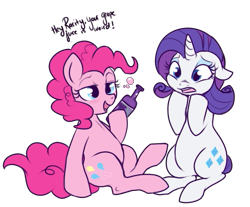 Size: 525x435 | Tagged: safe, artist:lulubell, derpibooru import, pinkie pie, rarity, earth pony, pony, unicorn, alcohol, blushing, dialogue, drunk, drunkie pie, female, mare, open mouth, simple background, sitting, smiling, transparent background, wine