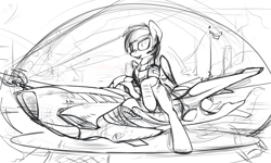 Size: 1250x750 | Tagged: safe, artist:yakovlev-vad, derpibooru import, rainbow dash, pegasus, pony, flag, grayscale, hoverbike, monochrome, sketch, solo