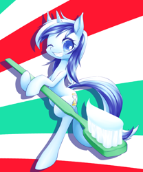 Size: 850x1020 | Tagged: safe, artist:hashioaryut, minuette, pony, unicorn, bipedal, female, grin, looking at you, mare, one eye closed, pixiv, smiling, smiling at you, solo, toothbrush, toothpaste, wink, winking at you