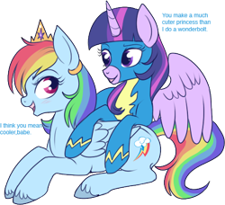 Size: 468x426 | Tagged: safe, artist:lulubell, derpibooru import, rainbow dash, twilight sparkle, twilight sparkle (alicorn), alicorn, pegasus, pony, crown, female, lesbian, mare, shipping, simple background, transparent background, twidash, unshorn fetlocks, wonderbolts uniform