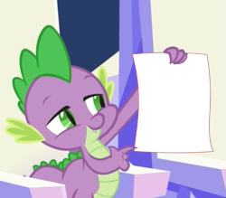 Size: 559x490 | Tagged: safe, edit, edited screencap, screencap, spike, dragon, the crystalling, exploitable, forced meme, meme, solo, spike holding a paper, template