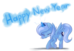 Size: 1749x1220 | Tagged: safe, artist:maren, derpibooru import, princess luna, alicorn, pony, filly, happy new year, solo, woona