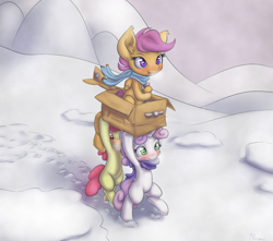 Size: 2150x1900 | Tagged: safe, artist:alasou, derpibooru import, apple bloom, scootaloo, sweetie belle, pony, bipedal, box, carrying, clothes, cutie mark crusaders, hat, roleplaying, scarf, scootaloo can't fly, snow