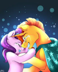 Size: 1280x1575 | Tagged: safe, artist:dragonfoxgirl, starlight glimmer, sunburst, pony, the crystalling, cape, clothes, crying, female, glasses, male, mare, open mouth, reunion, reunited, shipping, stallion, starburst, straight