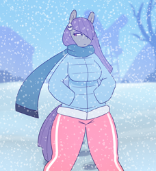 Size: 1280x1402 | Tagged: safe, artist:somescrub, maud pie, anthro, alternate hairstyle, clothes, coat, snow, solo, winter