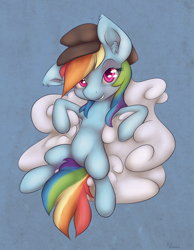 Size: 1400x1800 | Tagged: safe, artist:alasou, derpibooru import, rainbow dash, pegasus, pony, cloud, hat, looking at you, on back, smiling, solo