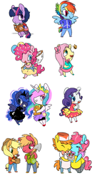 Size: 1024x1889 | Tagged: safe, artist:techtechno, derpibooru import, applejack, big macintosh, carrot cake, cup cake, fluttershy, pinkie pie, princess celestia, princess luna, rainbow dash, rarity, twilight sparkle, anthro, earth pony, pony, animal crossing, bipedal, clothes, crossover, mane six, simple background, white background