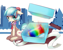 Size: 1457x1151 | Tagged: safe, artist:maren, derpibooru import, coco pommel, rarity takes manehattan, looking at you, present, rainbow thread, sitting, solo