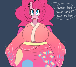 Size: 1280x1120 | Tagged: safe, artist:somescrub, pinkie pie, anthro, big breasts, breasts, chubby, clothes, female, heart eyes, hugtastic pinkie pie, kimono (clothing), pinkie pies, solo, wingding eyes