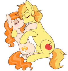 Size: 555x579 | Tagged: safe, artist:lulubell, derpibooru import, braeburn, oc, canon x oc, female, kissing, male, shipping, simple background, straight, transparent background