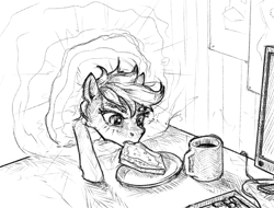 Size: 800x607 | Tagged: safe, artist:madhotaru, scootaloo, pony, bread, coffee mug, computer, food, irl, monitor, monochrome, mug, photo, portal, stealing, table, toast