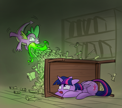 Size: 1181x1049 | Tagged: safe, artist:underpable, derpibooru import, spike, twilight sparkle, twilight sparkle (alicorn), alicorn, dragon, pony, angry, burp, derp, dragon mail, duck and cover, female, fire, green fire, mare, scroll, spam, table