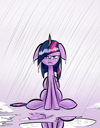 Size: 461x589 | Tagged: safe, artist:underpable, derpibooru import, twilight sparkle, twilight sparkle (alicorn), alicorn, pony, female, mare, rain, reflection, solo, unamused, wet, wet mane