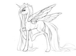 Size: 738x542 | Tagged: safe, artist:madhotaru, princess celestia, alicorn, pony, female, grayscale, looking at you, looking back, looking back at you, mare, missing accessory, missing cutie mark, monochrome, raised hoof, simple background, solo, white background