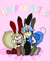 Size: 1800x2200 | Tagged: safe, artist:fullmetalpikmin, oc, oc only, oc:cherry blossom, oc:mal, oc:viewing pleasure, bunny ears, bunny suit, clothes, congenital amputee, easter, tumblr:ask viewing pleasure