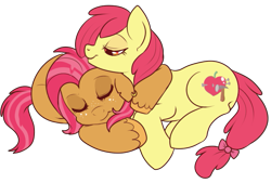 Size: 673x455 | Tagged: safe, artist:lulubell, derpibooru import, apple bloom, babs seed, appleseed, cuddling, female, incest, lesbian, shipping, simple background, snuggling, transparent background