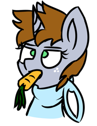 Size: 665x867 | Tagged: safe, artist:coatieyay, oc, oc only, oc:littlepip, pony, unicorn, fallout equestria, bunny pajamas, bust, carrot, cute, easter, easter bunny, fanfic, fanfic art, female, food, freckles, horn, mare, mouth hold, nom, simple background, solo, unamused, white background