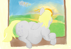 Size: 681x471 | Tagged: safe, artist:lupin quill, derpy hooves, pegasus, pony, aderpose, chubby, fat, female, mare, solo, sunset