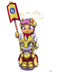 Size: 1600x2000 | Tagged: safe, artist:alasou, derpibooru import, scootaloo, sweetie belle, armor, banner, laurel wreath, ponies riding ponies, riding