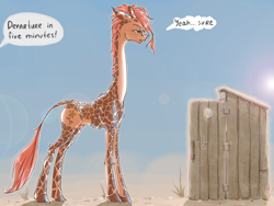 Size: 2000x1500 | Tagged: safe, artist:madhotaru, oc, oc only, oc:twiggy, giraffe, outhouse, potty time, solo, toilet, too big