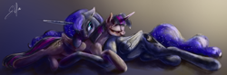 Size: 2000x664 | Tagged: safe, artist:silfoe, derpibooru import, princess luna, twilight sparkle, twilight sparkle (alicorn), alicorn, pony, bedroom eyes, cuddling, female, floppy ears, hug, lesbian, mare, on side, shipping, smiling, snuggling, twiluna