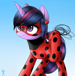 Size: 893x905 | Tagged: safe, artist:supermare, twilight sparkle, ladybug, pony, unicorn, alternate hairstyle, clothes, cosplay, costume, crossover, cute, eye clipping through hair, female, gradient background, hilarious in hindsight, irony, mare, mask, miraculous ladybug, ponytail, signature, solo, twiabetes