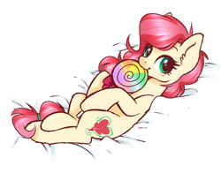 Size: 1280x1006 | Tagged: safe, artist:hawthornss, oc, oc only, oc:bleeding heart, pony, candy, cute, female, food, lollipop, looking at you, lying down, mare, ocbetes, on back, smiling, smiling at you, solo, sucker