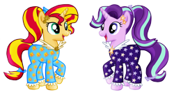 Size: 1492x828 | Tagged: safe, artist:majkashinoda626, starlight glimmer, sunset shimmer, pony, unicorn, alternate hairstyle, clothes, counterparts, cute, daaaaaaaaaaaw, eye contact, glimmerbetes, happy, open mouth, ponytail, raised hoof, shimmerbetes, smiling, twilight's counterparts