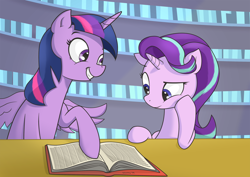 Size: 1280x905 | Tagged: safe, artist:wonkysole, starlight glimmer, twilight sparkle, twilight sparkle (alicorn), alicorn, pony, book, female, library, mare