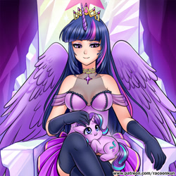 Size: 700x700 | Tagged: safe, artist:racoonsan, starlight glimmer, twilight sparkle, twilight sparkle (alicorn), human, pony, unicorn, :t, choker, chubby, clothes, corset, crossed legs, cute, daaaaaaaaaaaw, female, friendship throne, glimmerbetes, horned humanization, humanized, lidded eyes, looking at you, mare, new crown, pet glimmer, petting, pony pet, sitting, skirt, sleeveless, smiling, smol, socks, spread wings, thigh highs, throne, underhoof, winged humanization