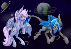 Size: 5517x3785 | Tagged: safe, artist:partylikeanartist, oc, oc only, oc:blumoon, oc:windy spirit, bat pony, pegasus, pony, collaboration, floating, flying, piercing, space, wingding eyes