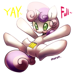 Size: 1224x1211 | Tagged: safe, artist:maren, derpibooru import, sweetie belle, sweetie bot, pony, robot, unicorn, battery, blushing, cute, diasweetes, female, filly, foal, hooves, horn, lying down, open mouth, simple background, solo, text, white background, yay