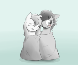 Size: 1280x1076 | Tagged: safe, artist:estrill, oc, oc only, oc:nooby, oc:thundermane, blanket, blanket burrito, blushing, cuddling, female, gradient background, male, monochrome, oc x oc, shipping, snuggling, straight